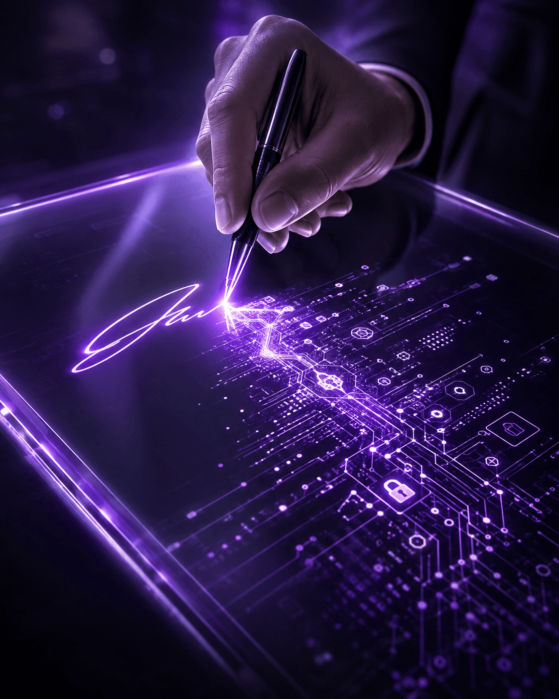 Mano firmando sobre cristal retroiluminado, el trazo se convierte en un patrón criptográfico
