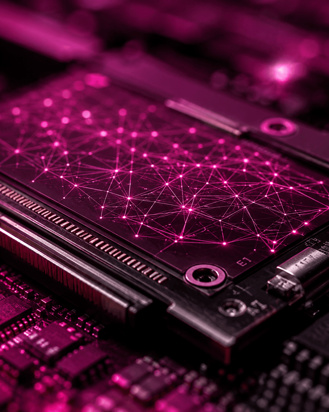 Macro de un módulo de almacenamiento con una malla de nodos magenta grabada encima