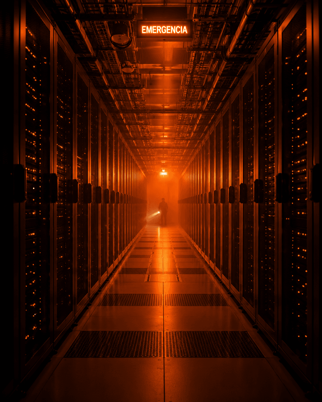 Pasillo frío de un data center con luz de emergencia naranja