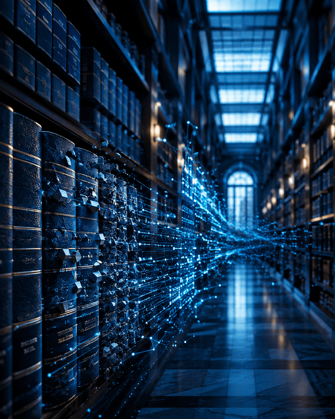 Biblioteca jurídica cuyos libros se descomponen en datos al fondo del pasillo