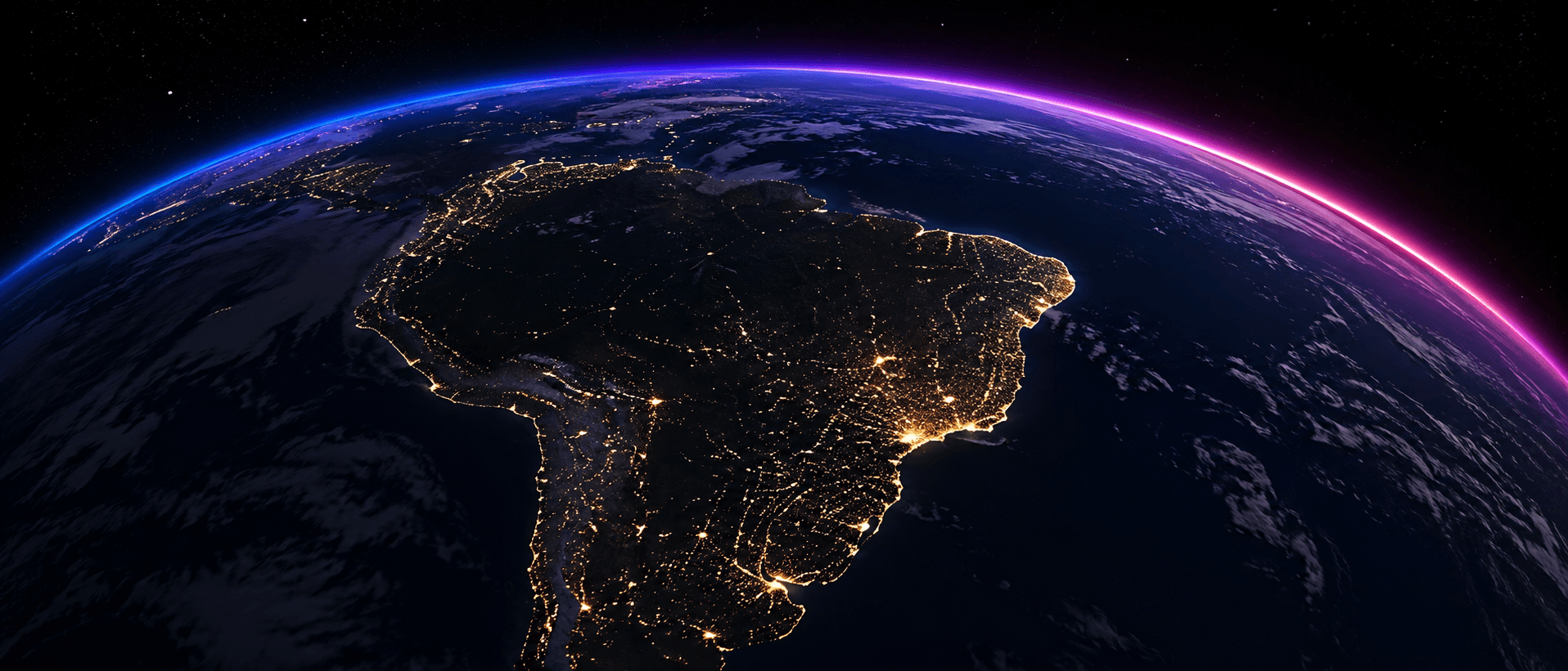 La Tierra de noche desde órbita con arcos de luz saliendo de Ecuador