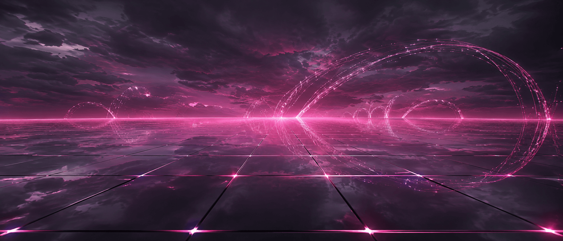 Llanura infinita de superficies espejadas conectadas por arcos de datos magenta